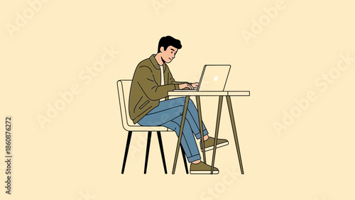 Young man working on laptop at a simple desk in a modern home office space