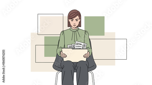Illustration of a woman reading and sorting through mail and documents in an organized setting
