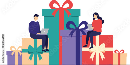 People sitting on giant gift boxes using laptops, holiday shopping and online rewards concept, celebration of bonus prizes and presents.