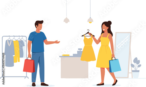 Couple shopping together in clothing store, man and woman choosing dress, fashion retail, lifestyle activity, buying clothes, modern shop interior.