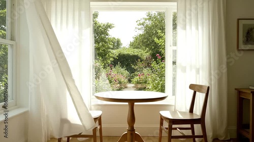 Open Window with White Curtains Blowing in a Gentle Breeze Overlooking a Lush Green Garden