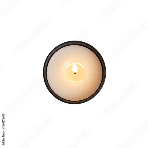 Lit tea light candle with yellow flame, white wax in matte black holder, flat lay on transparent background with soft shadow and copy space. Profound calm and serenity atmosphere.