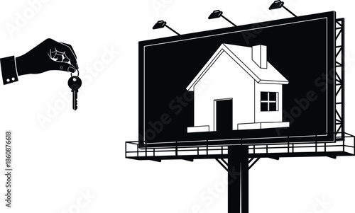 Real estate marketing concept featuring a house icon on a billboard with a hand holding keys for home ownership and sales.