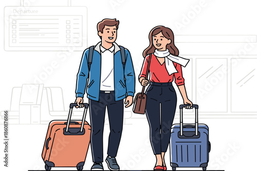 Couple traveling with luggage at airport, man and woman walking together, holiday vacation trip, tourism journey, happy travelers, travel lifestyle adventure