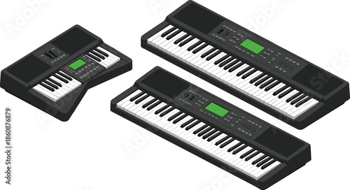 Isometric Electronic Keyboard Vector Illustration Set Showing Digital Piano Instruments for Music Production, Performance, and Sound Design