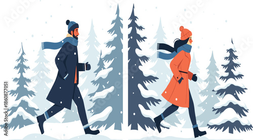 Couple walking in winter forest, people wearing warm clothes, snowfall scene with pine trees, cold weather lifestyle, outdoor seasonal illustration