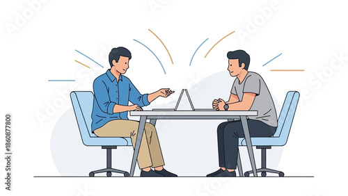 Business Meeting Between Two Professionals Discussing Work at a Conference Table in Modern Office