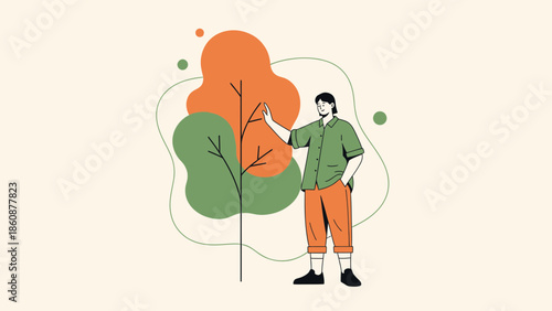 illustration of a person interacting with a stylized tree against a minimalistic background