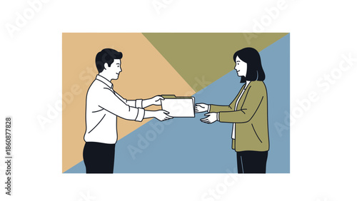 People exchanging a document during formal interaction in an office setting