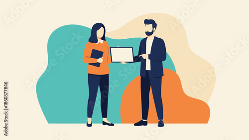 business professionals exchanging information with a laptop during a meeting or presentation in a