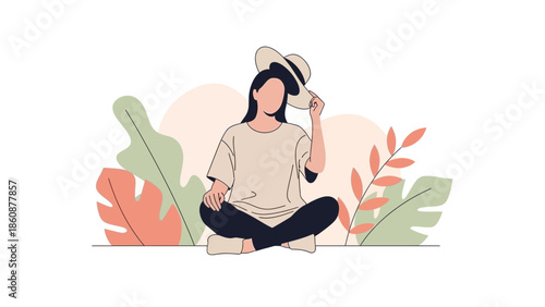 Minimalist Illustration of Woman Relaxing Outdoors in Casual Clothes Wearing a Hat Stylishly