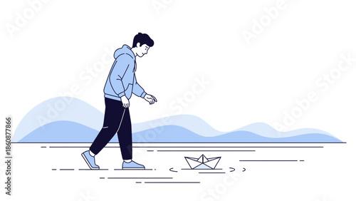 Young man engaging in boat fishing near the water with mountains in the background