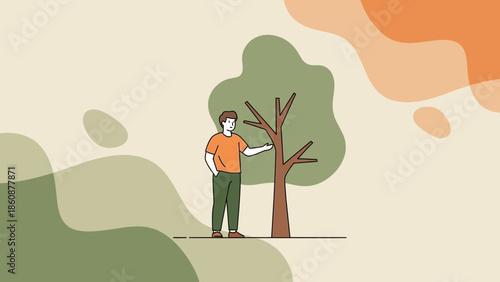 Illustration of a person standing next to a tree in a minimalistic outdoor scene emphasizing