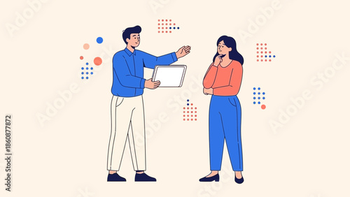 Professional business meeting between a man presenting and a woman attentively listening during a