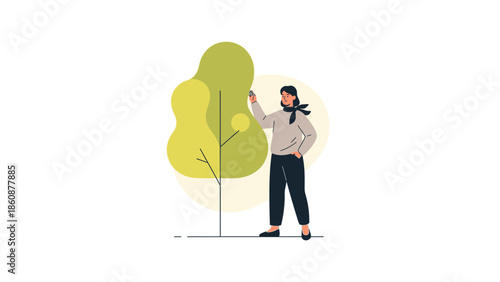 Illustration of a woman standing next to a tree with a mobile device in hand in a minimalistic style