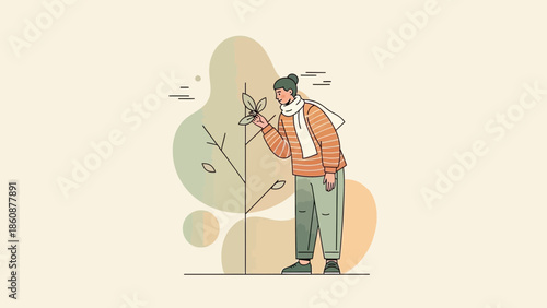 Minimalist Illustration of a Young Person Enjoying Nature in a Contemporary Art Style
