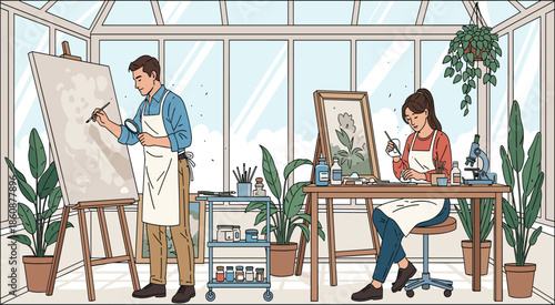 Creative artists painting and drawing in bright indoor studio with natural light, surrounded by plants, canvas, art tools, and supplies