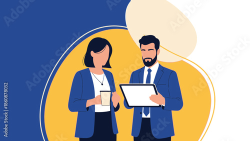 Business professionals discussing data on a tablet during a meeting an illustration