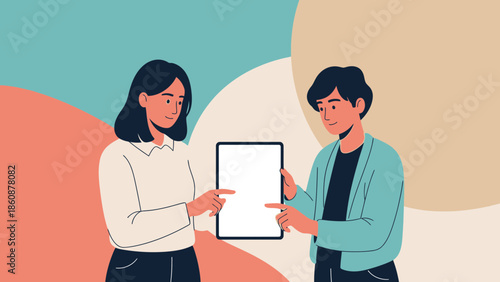 Two young professionals exchanging ideas using a tablet device in a modern office environment