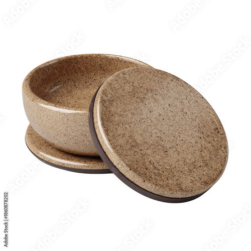 Textured Ceramic Bowl and Lid with Dark Rim on Black Background