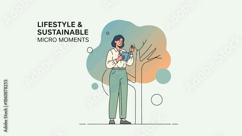 Young woman engaging with her mobile phone in a park, promoting sustainable lifestyles and micro