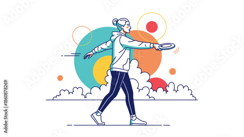 Modern illustration of a woman playing frisbee in a vibrant abstract background with playful