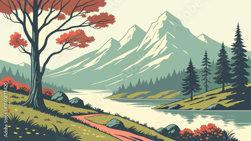 Serene mountain lake scene