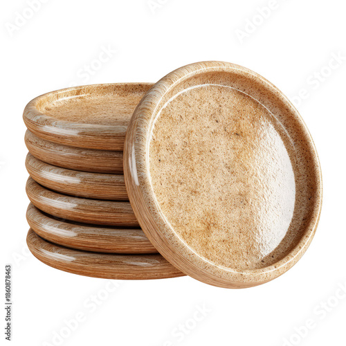 Stack of wooden plates with textured surface and glossy rim