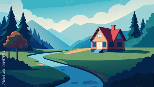 Serene mountain cabin by a river