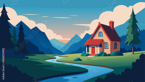 Serene mountain cottage by a river