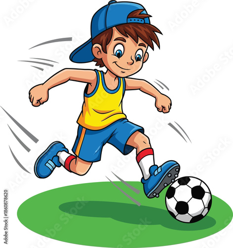 Young boy enthusiastically playing soccer on green field