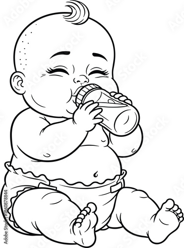 Cute baby drinking milk, cartoon infant, black and white line art, diapered child, bottle feeding, adorable, nurturing, care, childhood, calm