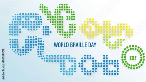World braille day awareness campaign logo with colorful dots forming braille letters on white background with blue green and yellow hues