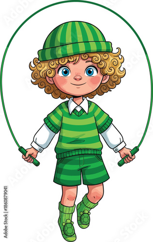 Cute little boy jumping rope with green outfit and curly hair