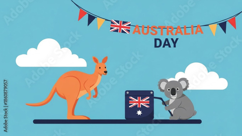 Australian day celebration with kangaroo and koala holding flag on blue background with clouds and bunting, festive scene