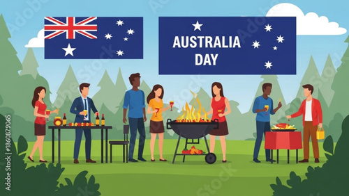 Australia day celebration with people barbecuing outdoors in a park with australian flags
