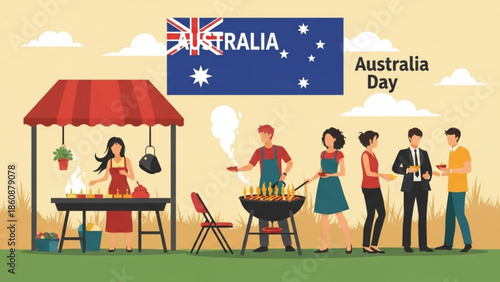 People gathering for barbecue on australia day with flag in background, outdoor celebration with food and friends