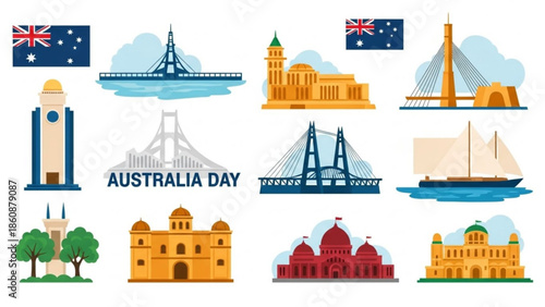 Australia day celebration icons set with famous landmarks and flags, sydney opera house, harbour bridge, melbourne, brisbane, perth, adelaide, iconic buildings, boats