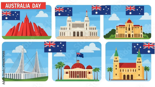 Australia day celebration icons featuring famous landmarks and national flags on blue background with clouds