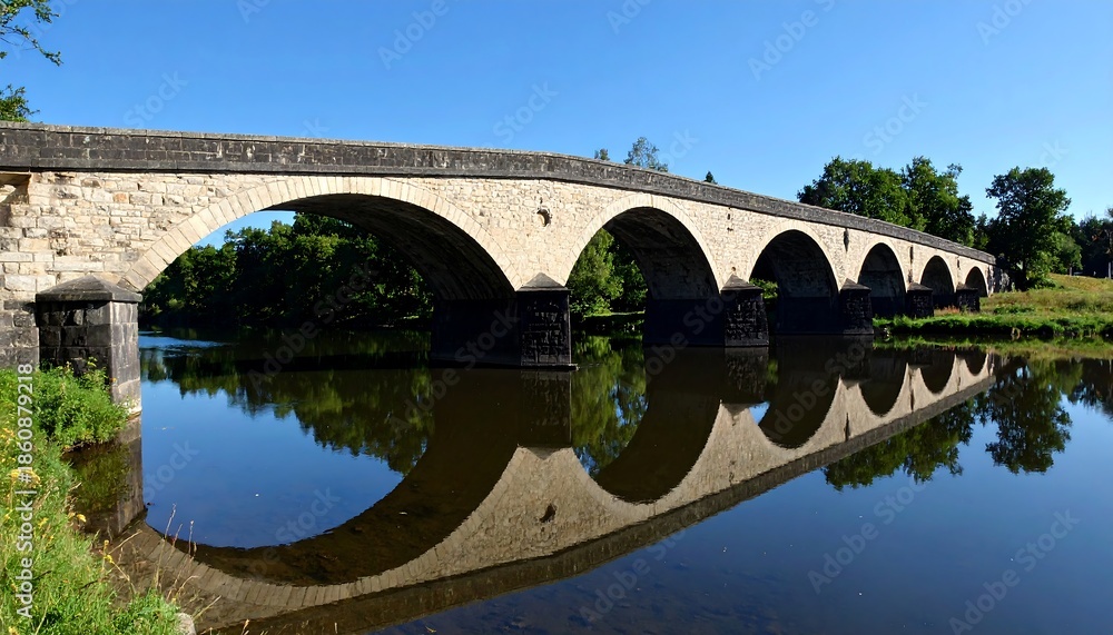 Fototapeta premium A long, arched stone structure crosses a tranquil body of water, reflecting its image onto the calm surface. Green foliage surrounds the bridge