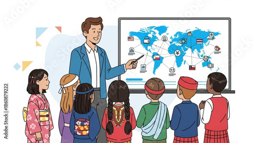 Diverse group of children in traditional clothing looking at a world map presented by a teacher in a classroom setting with global icons and flags