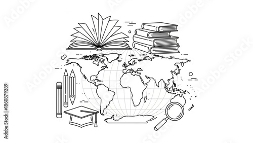Black and white illustration of a world map with books, pencils, and a graduation cap, symbolizing global education and learning