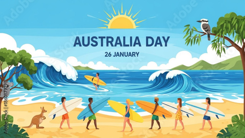 Australia day celebration with surfers and kangaroo on sunny beach with waves, australia day 26 january, surfers walking on sand with surfboards