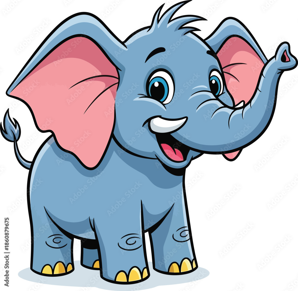 Fototapeta premium Cute cartoon elephant with big ears and trunk waving happily