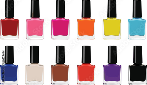 Isometric Nail Polish Bottle Vector Set Showing Colorful Cosmetic Lacquer Collection for Beauty, Fashion, and Manicure Design