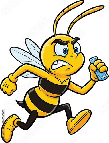 Cartoon bee character urgently running while holding a smartphone