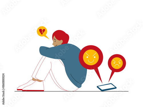 Cyberbullying, where a person is shown experiencing distress and a broken heart as a result of negative online interactions. Social issues illustration. Flat vector illustration.