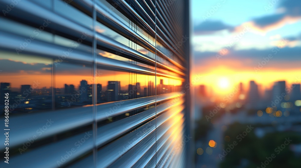 Fototapeta premium Cityscape sunset reflected in modern building facade; urban architecture, business concept