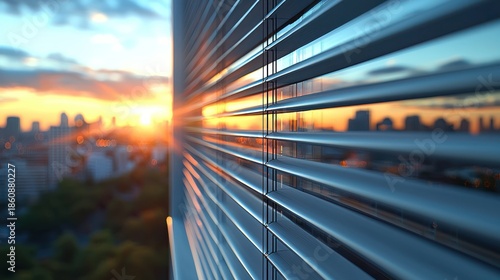 Sunset city view through office blinds