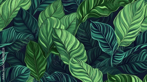 Wallpaper Mural An artistic illustration showcases a dense arrangement of vibrant green leaves, creating a captivating and visually appealing botanical pattern with intricate details and textures Torontodigital.ca